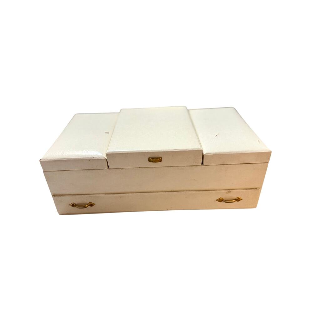 VTG Cream Multi-Compartment Jewelry Box with Red Velvet Interior & Mirror